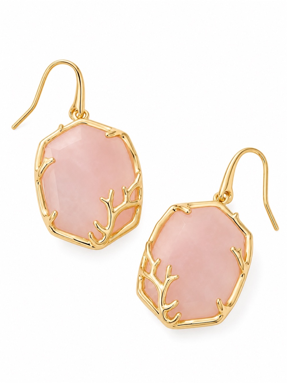 Kendra Scott Daphne Gold Coral Frame Drop Earrings in Rose Quartz.